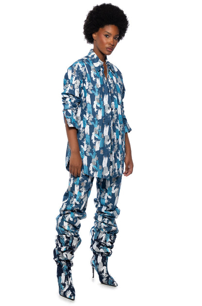 PAINTED BLUE HIGH WAIST WIDE LEG PANT