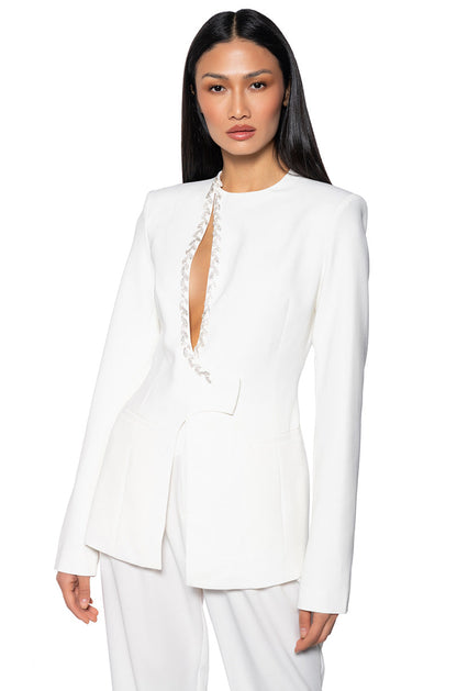 PEEK A BOO RHINESTONE ACCENT BLAZER IN WHITE