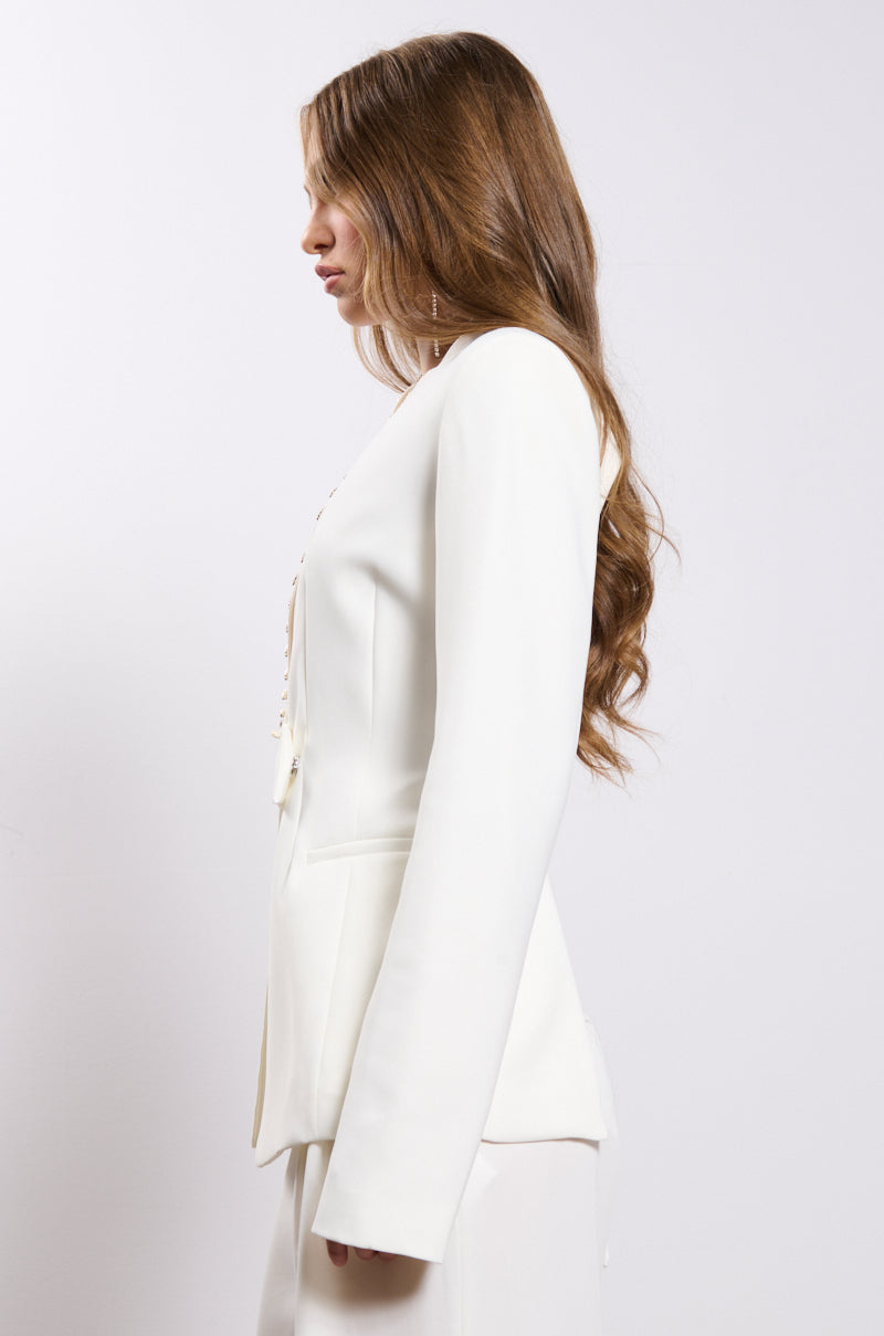 PEEK A BOO RHINESTONE ACCENT BLAZER IN WHITE