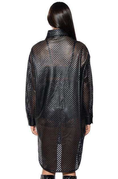 LASER CUT VEGAN LEATHER BUTTON DOWN DRESS