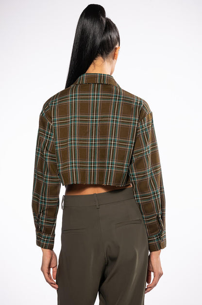 PLAID ROMANCE CHAIN LACE UP CROPPED BLOUSE