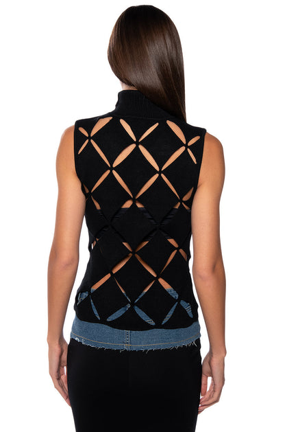 PLAYING CARDS TURTLENECK CUT OUT KNIT TOP