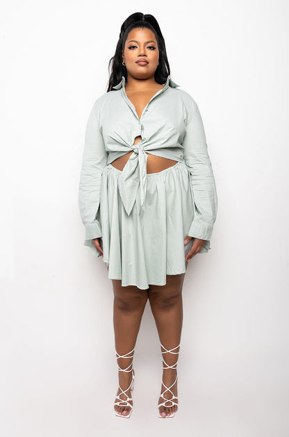 PLUS DON'T GO FIT AND FLARE FRONT TIE MINI DRESS