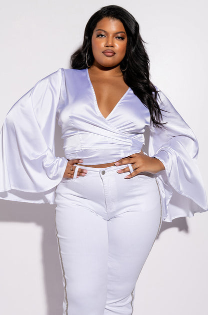PLUS MAKIN MOVES TIE FRONT BUTTERFLY SLEEVE CROP SATIN BLOUSE