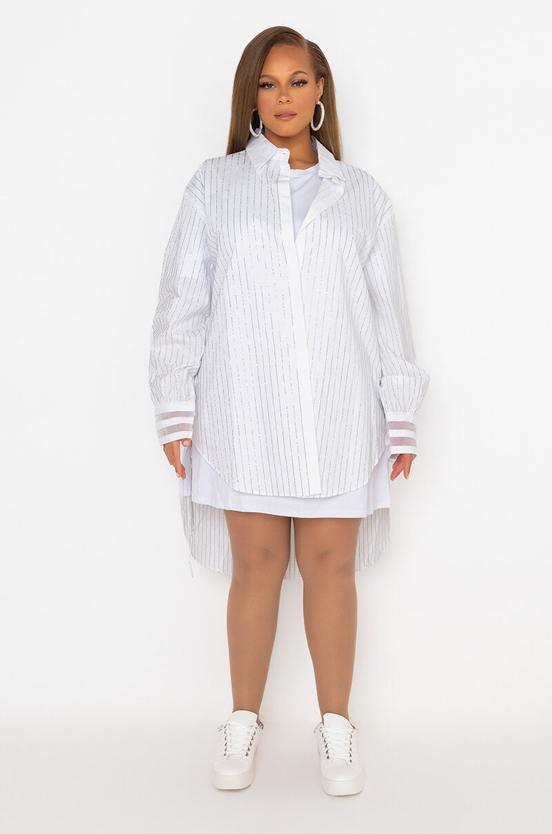 PLUS NO BASIC DAYS BUTTON UP DRESS WITH RHINESTONE DETAIL