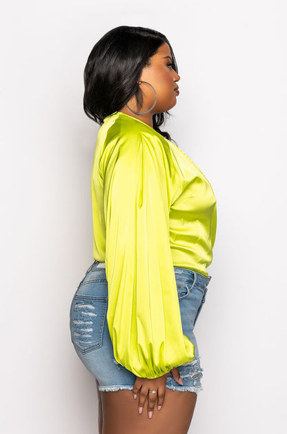 PLUS NO PICTURES PLEASE WRAP FRONT LONG SLEEVE SATIN BODYSUIT