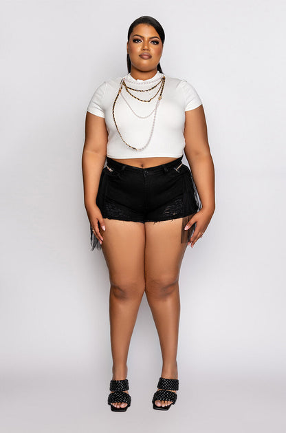 PLUS SHADOW TULLE DETAIL DENIM SHORT