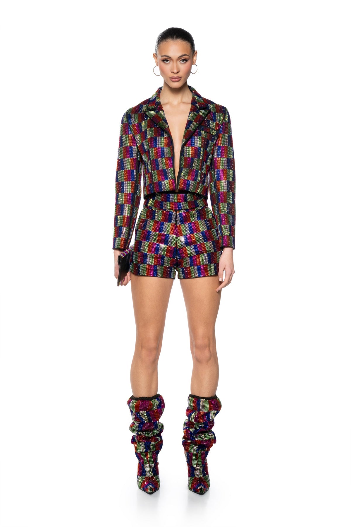 POP STAR RECTANGLE PRINT RHINESTONE HOT SHORT