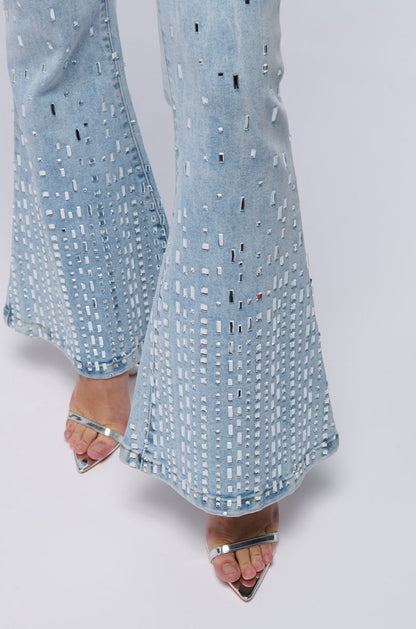 POPSTAR DENIM RHINESTONE FLARED PANT