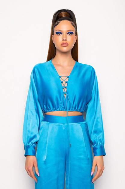 PORTOFINO SATIN LACE UP CROPPED BLOUSE