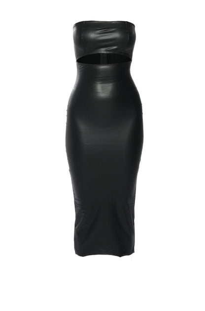 PRETTY LADY PLEATHER MIDI DRESS WITH CUT OUT