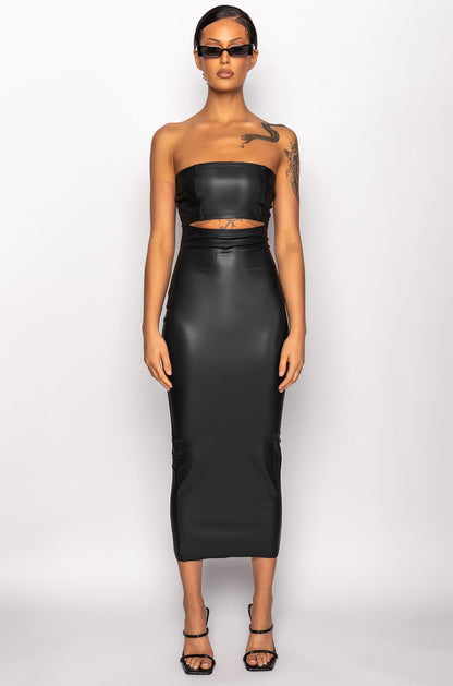 PRETTY LADY PLEATHER MIDI DRESS WITH CUT OUT